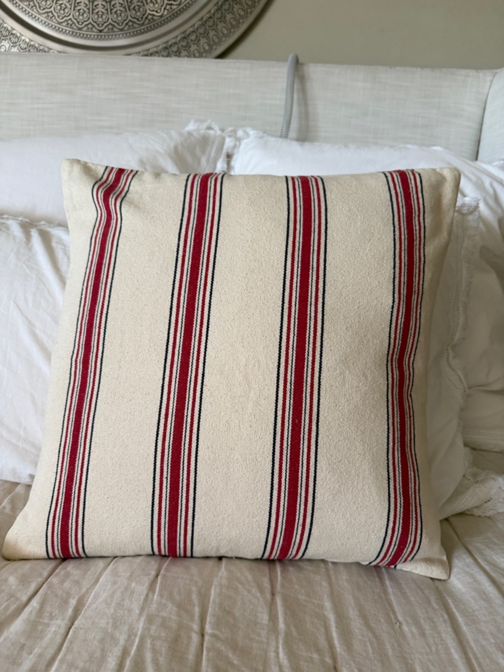Pottery Barn Cream Throw Pillow with Red and navy Stripes